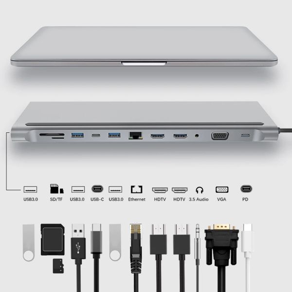 Stationen 12in1 Typec Docking Station Dual HDMI 4K VGA 3,5 mm USB3.0 TF/SD -Leser RJ45 PD -Ladung USB C Hub für Laptop MacBook PC Dex Dock