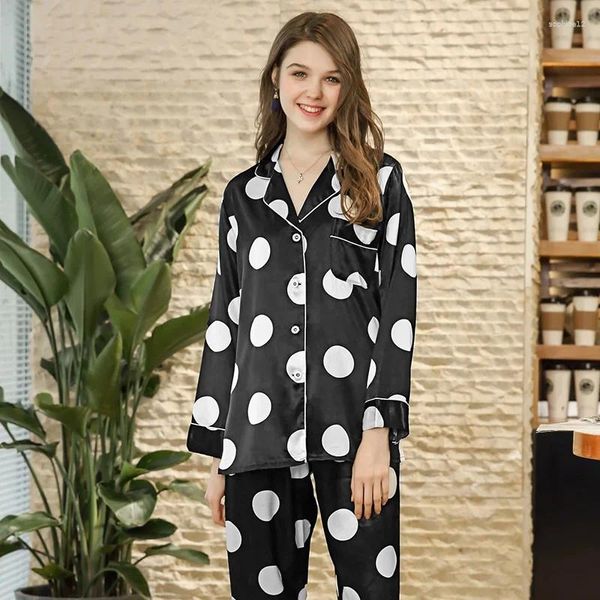 Heimkleidung Seide Langarm Langarm Frauen Pyjamas Set losen Turnhalskragen Frauen Dessous schwarz schlafende Nacht