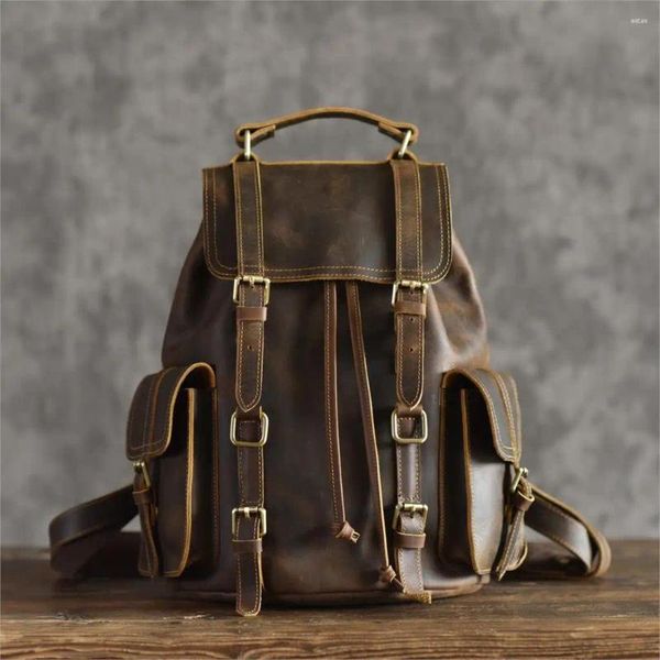 Backpack Bag for Men Genuine Leather Men's Crazy Horse Daypack Cowhide Rucksack 2024 Vintage de alta qualidade