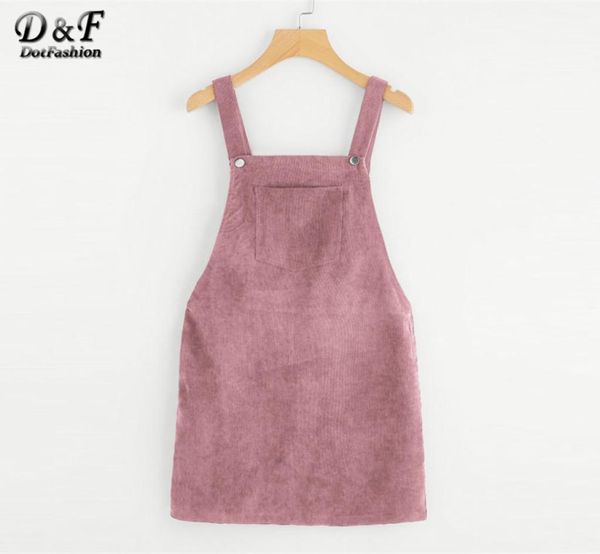 DOTFashion Bib Pocket Pocket Front Geral Short Dress 2019 Pink Zip Button Pinafore Shift Dress Female Femaleless Plain Dress Y190509054161224