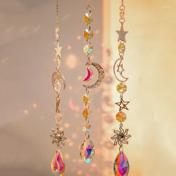 Decorações de jardim Crystal suncatcher prism chakras dourl moon estrela arco -íris apanhador de sol interno de janela externa de carro pendurado no presente de decoração