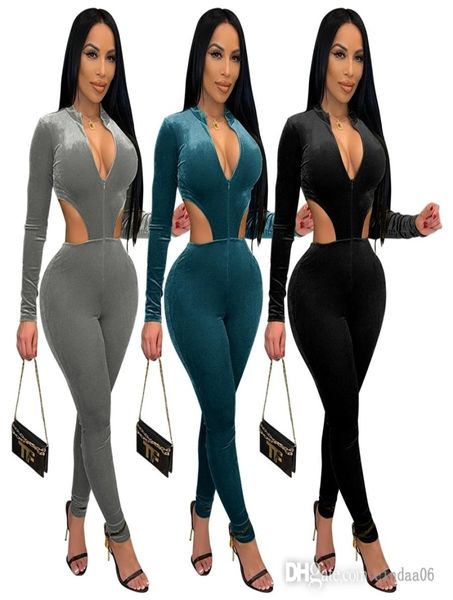 Дизайнерские женщины Velvet One Piece Jompbuits Sexy Velor Zipper Hollow Out Dompers с длинным рукавом и леггинсами BodySuit8065262