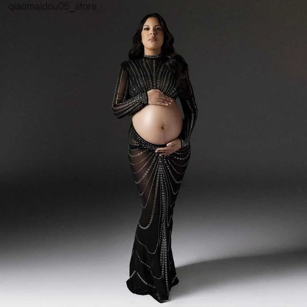 Беременные платья беременная женская фотография одежда для вечеринки эластичная сетчатая сетчатая платье с бриллиантом фото фото фото фотоморежь Q240413
