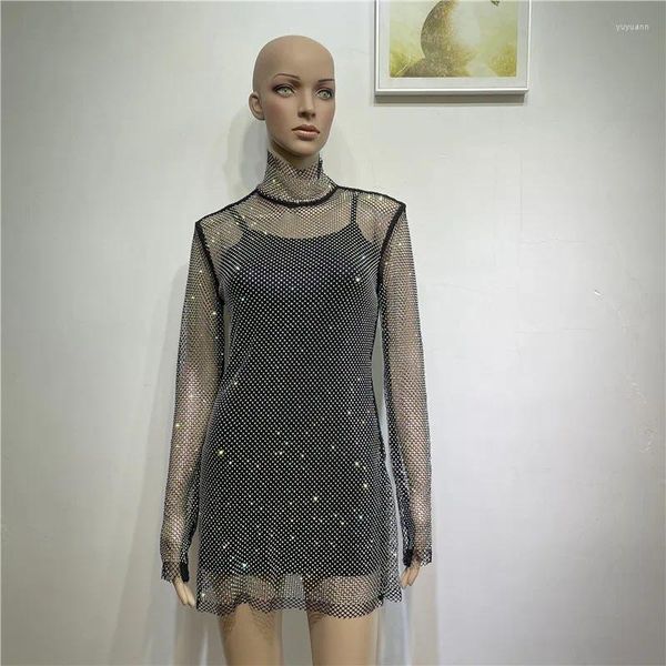 Abiti casual Shiny Diamonds perline Abito Sheer Abito Signora Temperamento Slim Turtleneck Sexy Club a maniche lunghe Mini Vestido