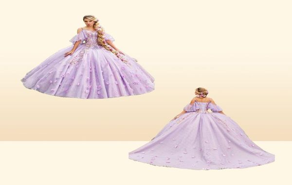 Destino da quinceanera Lilac del 18 secolo 2023 Abito da ballo medievale di spalla con fiori 3d allaccia su manica corta dolce 15 Vieti6411747