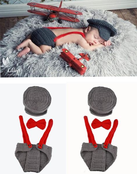 Säuglingsstrick -Outfit Häkeln Neugeborene POFORE PROFORE PO PROPS Baby Jungen Gentleman Hut Fliege Hose Set Stricker Baby Hut bp8939965