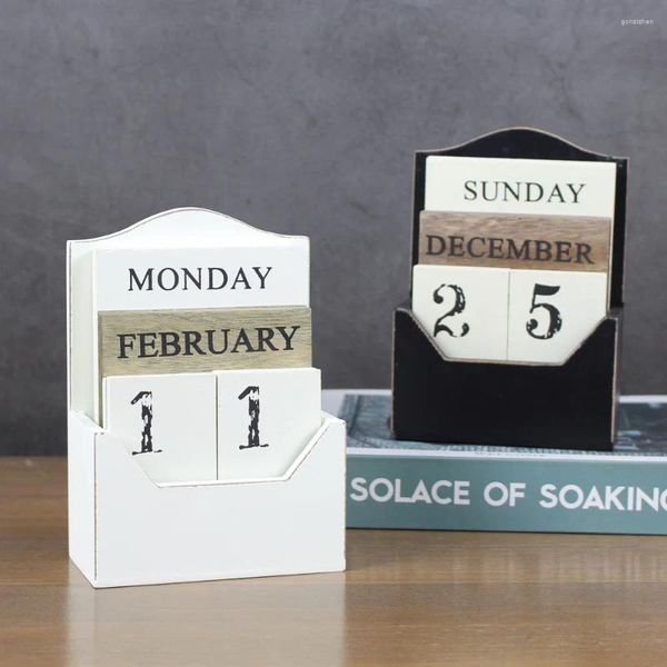 Dekorative Figuren Vintage weißes Design Perpetual Kalender Holz Desktop Schwarze Holzblock Home Office Supplies Dekoration Kunsthandwerk Kunsthandwerk