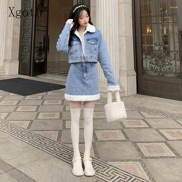 Abiti da lavoro xgoth anno abito in denim inverno bavaglio inverno blu spessa lana spessa cappotto corto corto alto set a due pezzi di moda coreana