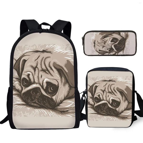 Zaino Yikeluo 3D Pug Stampa di grande capacità Student Borse Borse Design Messenger con custodia a matita con cerniera