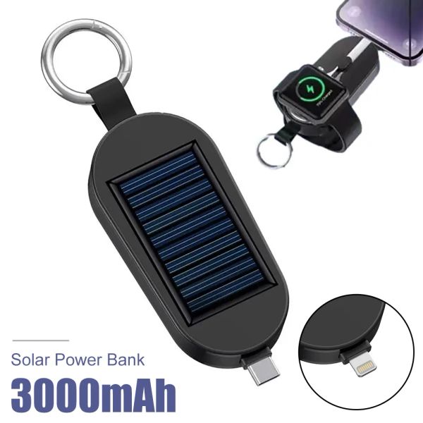 Anahtarlıklar 3000mAh Solar Güç Bankası Hızlı Şarj TypeC/iPhone için Apple Watch Taşınabilir Harici Güç Bankası için Kablosuz Şarj Cihazı