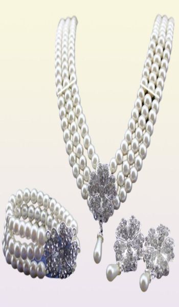 Rhodyum gümüş ton Ivorycream İnci Gelin Takı Seti Düğün Kolye Bilezik ve Küpe Setleri7664906