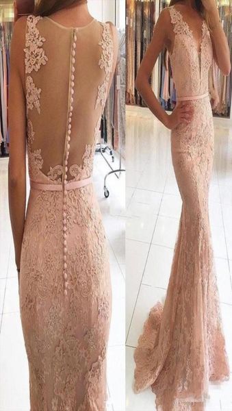 Sexy vneck prom Kleider Abend tragen Spitze Applikationen Perlen Rouge Pink Mermaid Sheer Rücken formelle zu