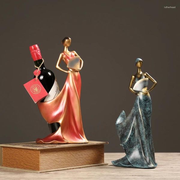 Dekoratif figürinler vintage reçine kırmızı şarap rafı şişe tutucu yaratıcı minyatürler güzellik kız ev düğün dekor için makaleler