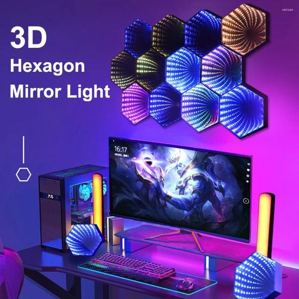 Lâmpada de parede RGB 3D HEXAGONAL Mirror Tunnel Light LED Desktop Compute Ambient Game Music Rhyth Sync Pickup Lights Decoração da sala