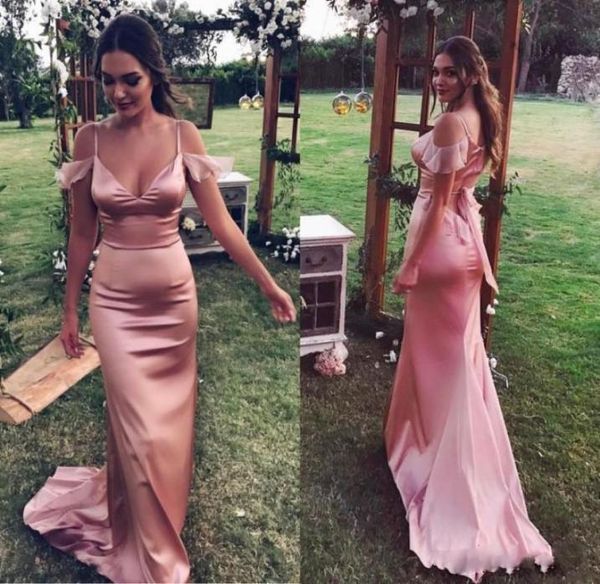 Vestidos de baile simples 2018 Dusty Pink Spaghetti Chiffon Mermaid Vestidos de noite sexy fora do ombro Vestido de festa formal C5633358