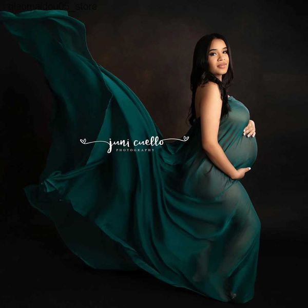 Annelik elbiseleri yeşil hamile kadın fotoğrafçılık sahne kumaş elbise yumuşak şifon şeffaf pelerin basit desen kumaş hamilelik fotoğraf çekim aksesuarları q240413