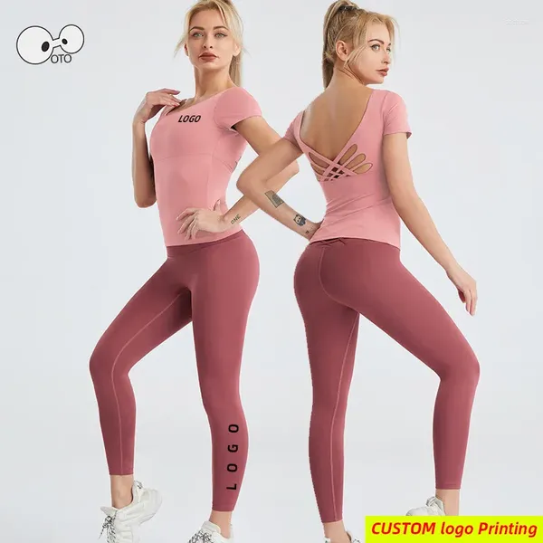 Aktive Sets benutzerdefinierte Logo eingebaute BH-Yoga-Set schnelle trockene Fitness hohe Taille Rückenfreien Kurzarm-Lauf Shirt 2 PCs Fitnessstudio Sportanzug