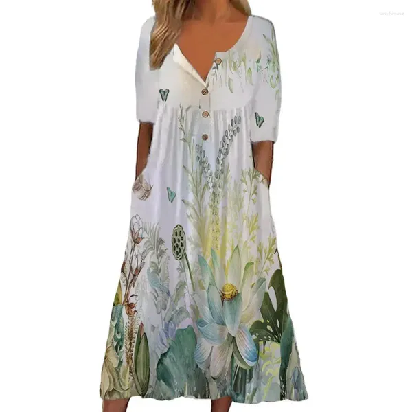 Partykleider weicher Stoff Langes Kleid Blumendruck Midi mit plissierten Saum-Seitentaschen für Frauen A-Line Sommer Beachknopf