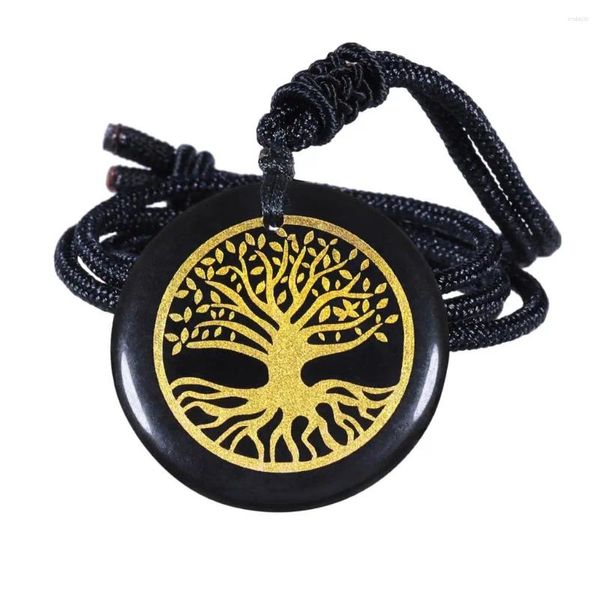 Anhänger Halsketten gravierter Baum des Lebens schwarze Obsidian Halskette Glück amulett verstellbare Schmuck für Frauen Männer