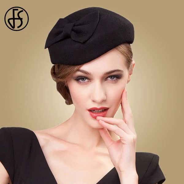 FS 100% de lã Black Pillbox Hats Fascinator for Women Wedding Wedding Felta Fedora Hat Derby Tea Party Formal Ladies Chats 240412