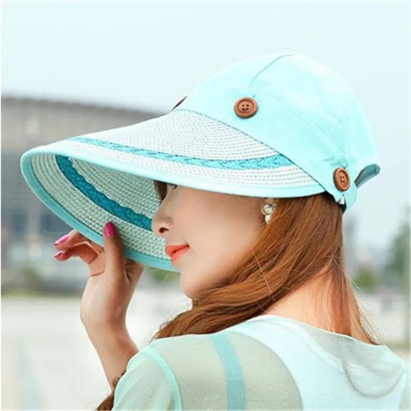 Güneş şapkası bayanlar geniş ağzına kadar saman kadın geniş büyük ağzı disket yaz plajı bir güneş şapkası saman şapka düğmesi başlık yaz şapkaları kadınlar için 240410
