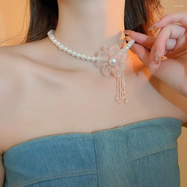 Cara de pérola de pérola malha de malha Big Flower Crystal Tassel Chain