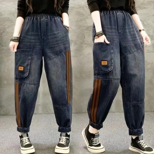 Frauen Jeans Herbst Retro vertikal gestreifte Harem Hosen Lose enge Taille große Slim -Karotte