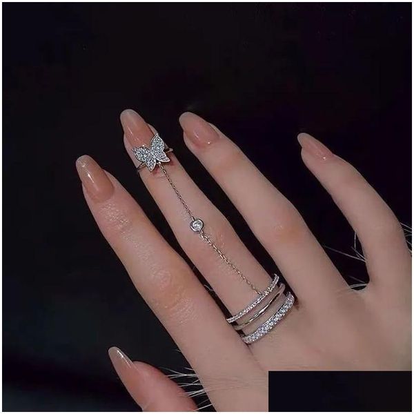 Bandringe 2024 Neue Zirkon Schmetterling Quaste Mitten 14K Weißgold Ring für Frauen einzigartige Design Personalisiertes tägliches Accessoires Party Je Dhhr9