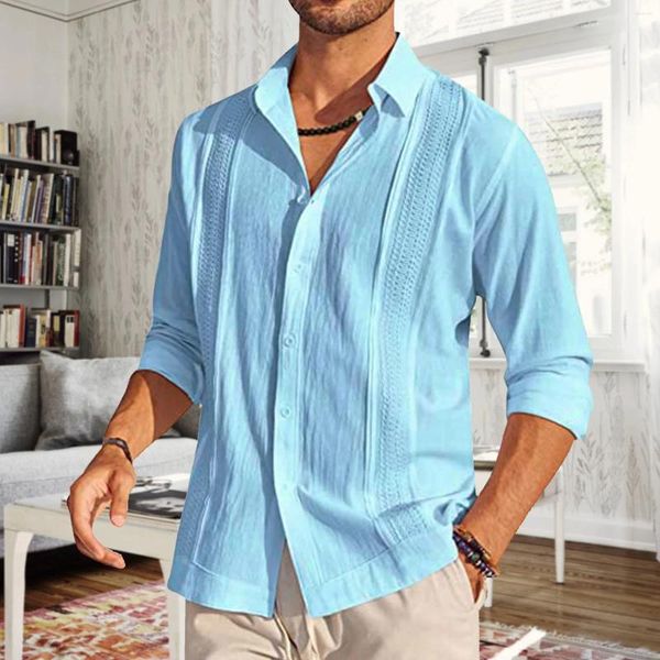 Camicie casual da uomo Summer in lino di cotone in cotone solido abbottini oversize a maniche lunghe sciolte maschi giù per il colletto viola busa