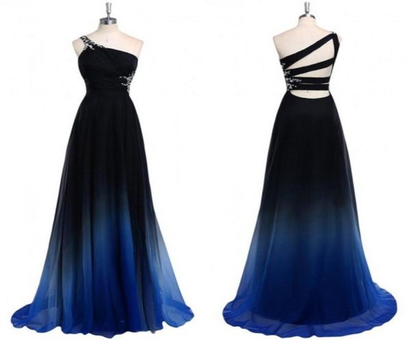 2022 Ombre Stufe Farbe Abendkleider ein Schulterimperium Taille Chiffon Schwarz Royal Blue Designer Langes billiges Prom -formelle Pagea7743647