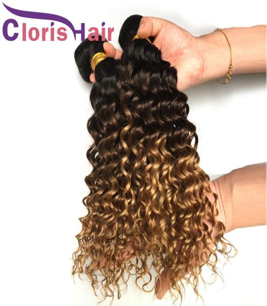 Highlight 1B427 Deep Wave Real Human Hair Peruan Jungfrau Curly Ombre in Erweiterungen Drei -Tone Braun Blonde gefärbte Webstoffe 38995991