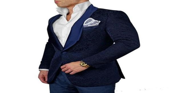 Neuer ausgezeichneter Stil Bräutigam Tuxedos One Button Navy Blue Paisley Schal Lappel Groomsmen Man Anzug Herren Hochzeitsanzüge JackePant3084196