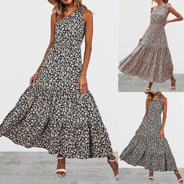 Abiti casual vacanza estiva floreale boho abito donna una spalla bohémien a livello grande swing maxi nodo di orlo arruffato a lungo