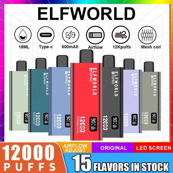 ELFWorld Box 12000 Puffs Einweg-Zigaretten Puff 12k 0% 2% 3% 5% 18 ml Vorgefüllter Schoten 600mAh wiederaufladbarer Akku Smart Screen Airlfow LED-Bildschirm