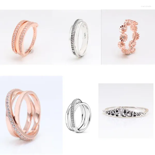 Anelli a grappolo 925 anello in oro rosa in oro rosa in argento sterling reversibile e cristallo femminile feste di matrimonio gioielli di moda