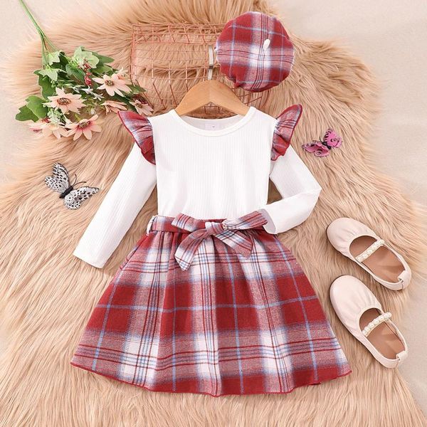 Conjuntos de roupas 2024 Autumn Kids Roupos Conjunto de roupas de menina de inverno Camisa de manga comprida saia xadrez 2pcs Terno fofo bebê 2 3 5 6 7 anos