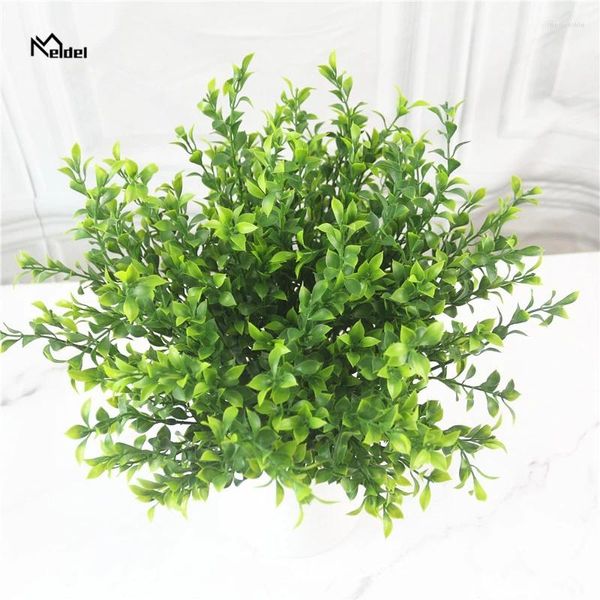 Flores decorativas Meldel mini 7 garfos verdes plantas verdes artificial eucalipto dinheiro plástico deixa a decoração de jardim de grama falsa de grama