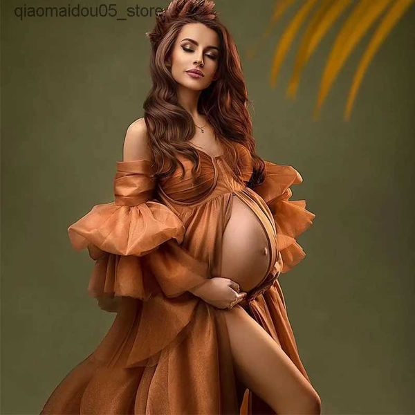 Mutterschaftskleider goldenes Mutterschaftskleid Fotos Shooting Langarmes Mädchen Foto Babypartykleid Badezimmer Kleid Q240413