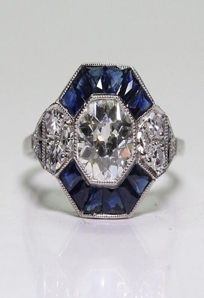 Gioielli antichi 925 Sterling Silver Diamond Sapphire Bride Wedding Engagement Art Deco Dimensioni 5129398626