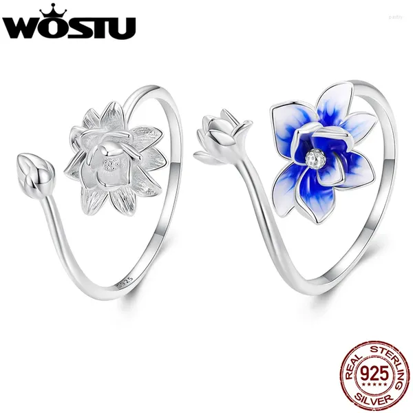 Clusterringe Wostu Real 925 Sterling Silber einzigartiger Lotus offen für Frauen Blau Emaille Statement Blumenring Hochzeitsfeier Juwely Geschenk