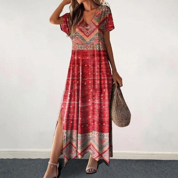 Abiti casual abiti in forma libera da donna maxi vacanza in stile bohémien con lato stampato 3D diviso più taglia a V caviglia