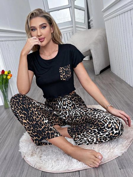 Roupas em casa O pijama feminino define mangas curtas calças de leopardo de colheita de colheita 2 peças 2 peças