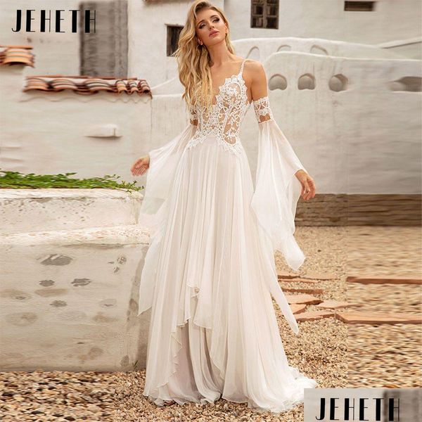 Urban sexy Kleiderparty Jeheth Elegant Chiffon gegen Neck Boho Hochzeit Dres Beach Applizes Spaghetti -Gurte von Shoder Open Back Bridal Dhqdb