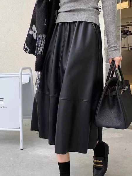 Юбки зимняя плиссированная юбка Женщины PU кожа высокая талия длинные дамы ретро Корейский офис A-Line Maxi Black Jupe