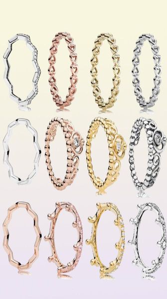 Nuovo anello d'argento Sterling Sterling Classics Openwork Linked Love Heart Princess Tiara Royal Crown Ring per Women Regalo gioielli8504327