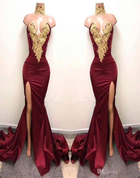 2019 bescheidene burgunder mermaid split sexy abends formale kleider funkelne goldene sticke hohe neck afrikanisch arabische Anlässe Prom Kleid 8372855