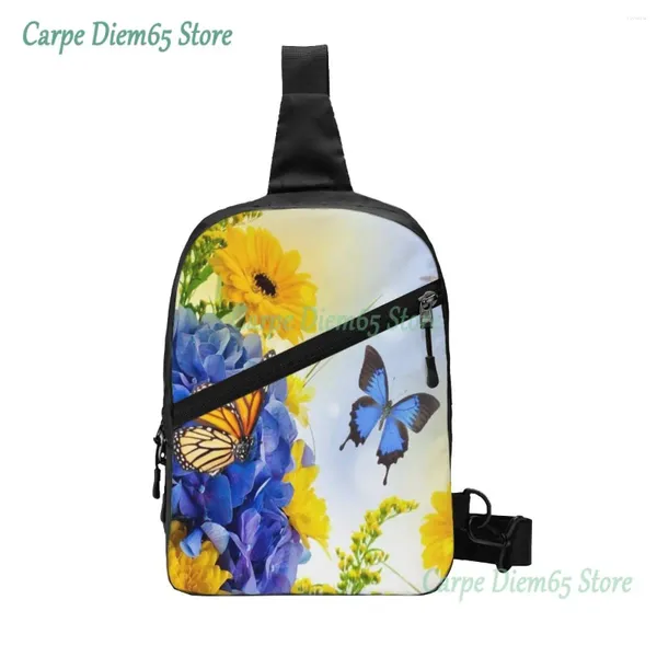 Backpack Sling Bag Flores de borboletas Daisies Pacote de peito azul Crossbody para caminhada de viagens de ciclismo