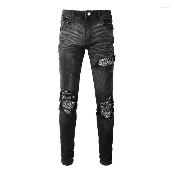 Herren Jeans Europa und United States Tide Marke Schwere Waschen mit gebrochenen Löchern hochwertige Patch Lederstifte Hosen