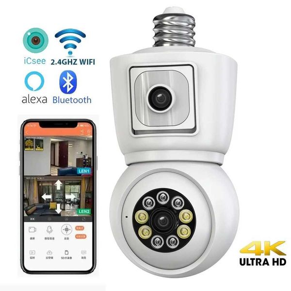 IP -Kameras ICSEE 4K 8MP E27 Lampen -WiFi -Kamera Dual Objektiv Dual Screen Auto Tracking Two -Wege Audio Color Night Vision Outdoor -Überwachungskamera 24413