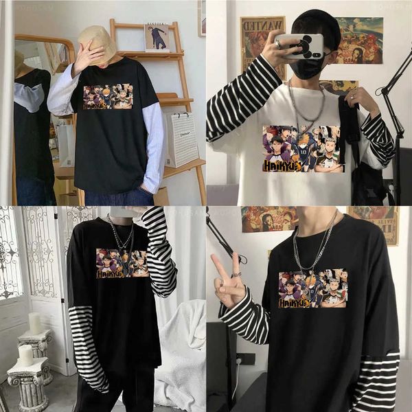 Mensagens de homens haruku anime haikyuu falsa duas peças de camisetas roupas de desenho animado de verão casual manga longa masculina mulga mangá bm